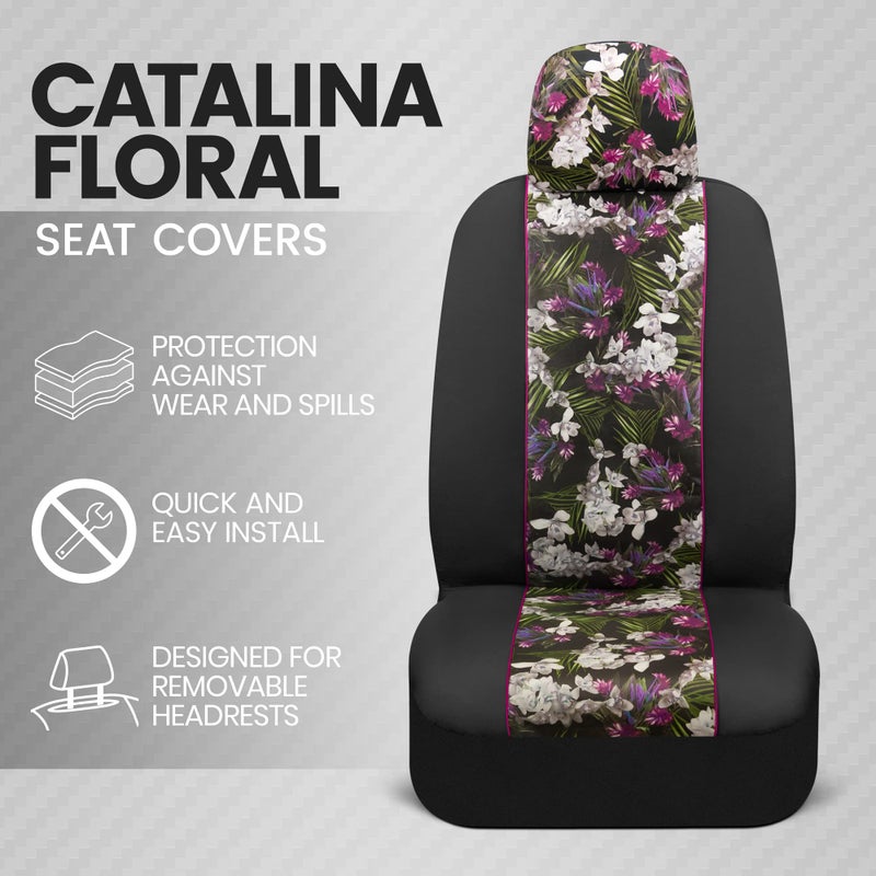 BDK Pink Flower Faux Leather Car Seat Covers for Front Seats, 2 Pack â€“ Floral Pattern with Matching Headrest, Easy Installation, Fits Most Car Truck Van and SUV, Catalina Floral - Image 2